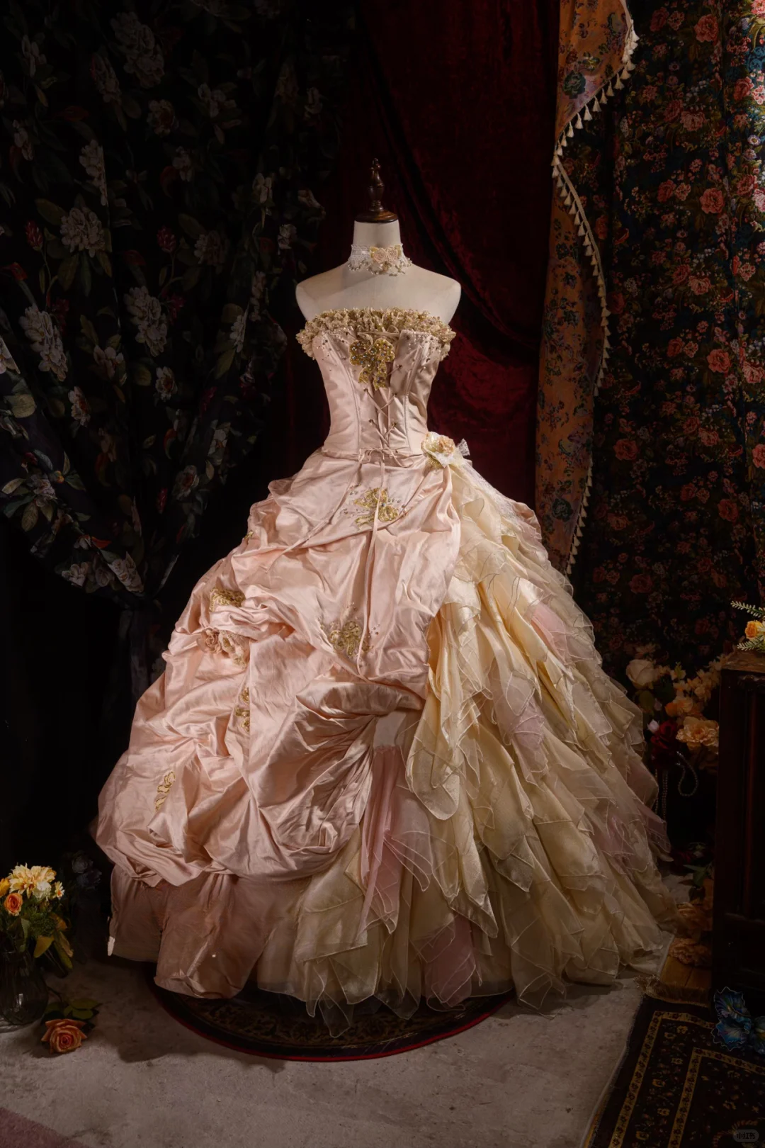 Elegant Pink Strapless Ruffled Tiered Gold Beaded Embroidery Sweet 16 Quinceanera Ball Gown DP7411