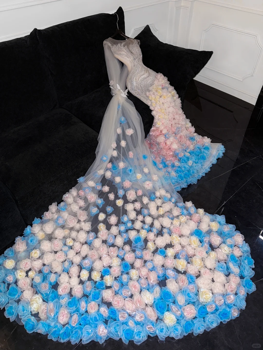 Gorgeous Sparkling Beaded Sequin Mermaid 3D Flowers Design Tulle Evening Dress Prom Dresses DP6163