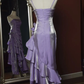 Sky Blue Straps Vintage Floral Asymmetrical Hem Long Prom Dress, DP3138