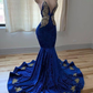 Exquisite Blue V-neck Spaghetti Straps Beading Sleeveless Floor-length Mermaid Prom Dresses,DS4924