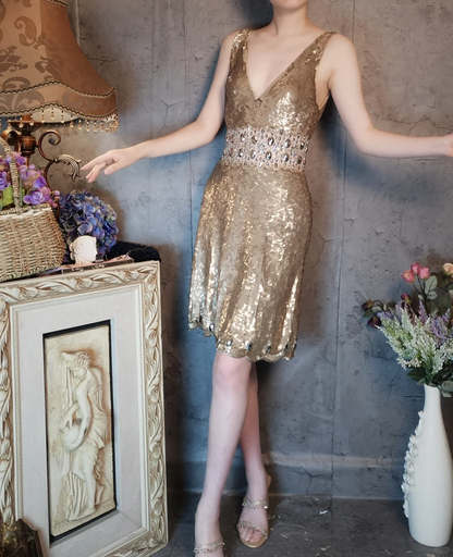 Retro Golden V-neck Sparkling Beaded Sequin Design A-line Short Homecoming Dress DP6058