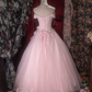 Elegant Pink Off-the-Shoulder Ball Gown Beaded Lace & Tulle Floral Bow Sash Prom Dress DP8352