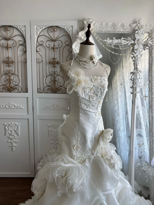 Gorgeous Strapless Sweetheart Lace Mermaid Wedding Dress Tiered Ruffled Tulle Bridal Gown DP8299