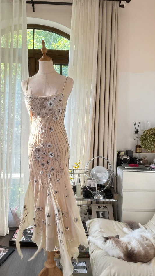 Vintage Beige Spaghetti Strap Beaded Design Romantic Chiffon Evening Dress Prom Dress, DP5989
