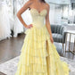 Dreamy Strapless Swetheart Ruffled Tiered High Slit Ball Gown DP8159