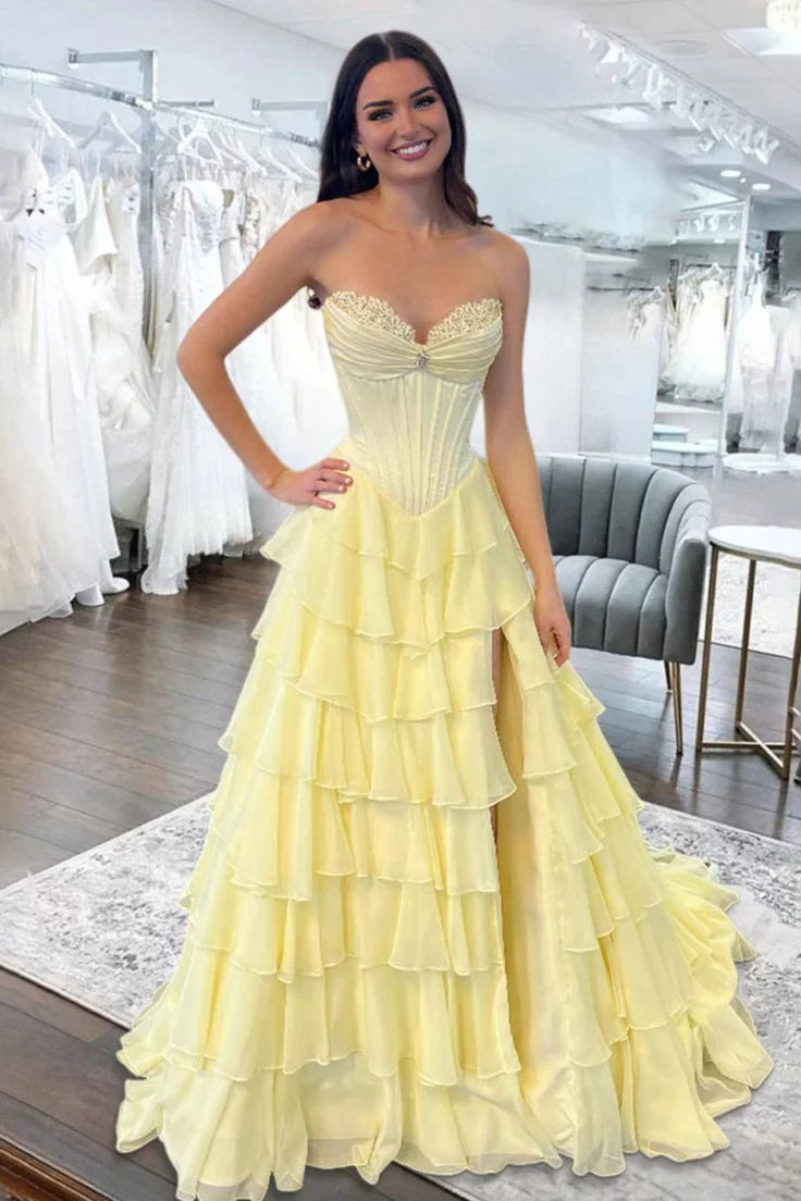 Dreamy Strapless Swetheart Ruffled Tiered High Slit Ball Gown DP8159