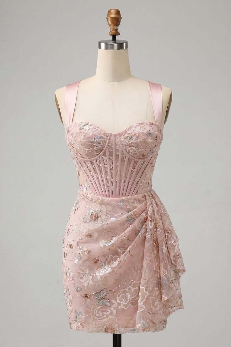 Elegant Sequin Floral Butterfly Embroidered Straps Ruched Bodycon Mini Homecoming Dress DP8667