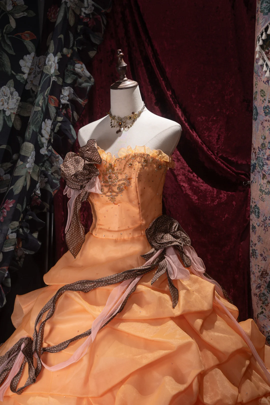 Glamorous Orange Off-the-Shoulder Beaded Ruffled Tulle Ball Gown DP8350
