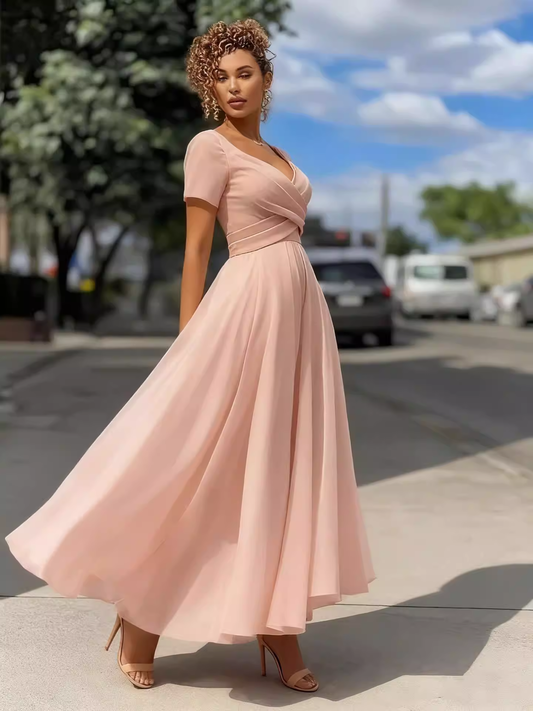 Elegant Pink Chiffon Short Sleeve A-Line Midi Wedding Guest Gown Mother of the Bride Dress DP8112