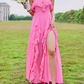 Vintage Hot Pink Ruffle Spaghetti Strap Maxi Prom Dress High Slit Evening Dress DP8107
