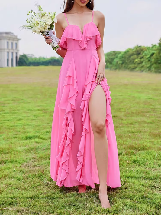 Vintage Hot Pink Ruffle Spaghetti Strap Maxi Prom Dress High Slit Evening Dress DP8107