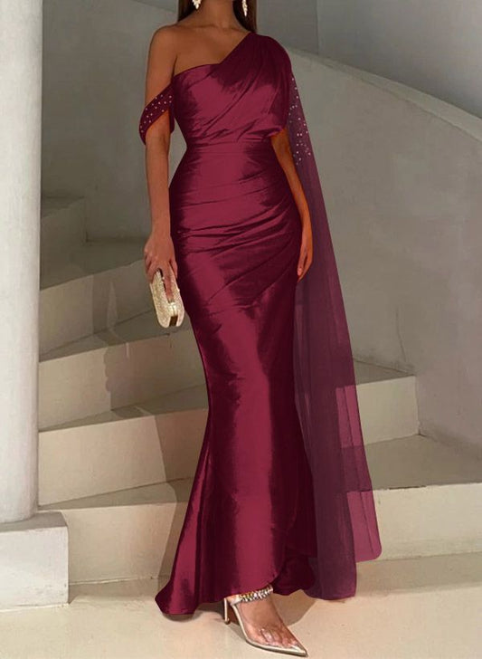 Elegant Burgundy One-Shoulder Satin Mermaid Beaded Cape Drape Prom Dress DP8494