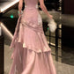Glamorous Dusty Pink Spaghetti Strap Satin Ruched Tiered Ruffle Formal Evening Gown DP8202