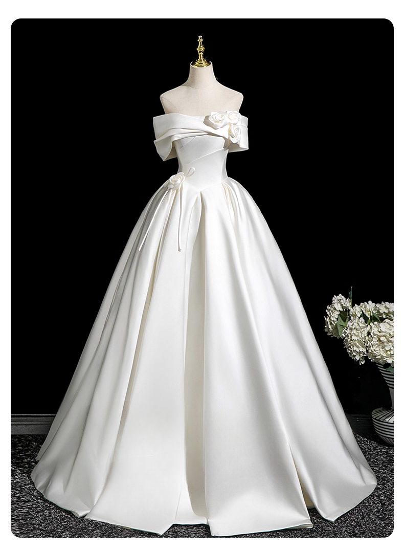 Elegant White Satin 3D Flowers Sweet 16 Quinceanera A-Line Off-the-shoulder Evening Dress Floor Length Ball Gown DP6929