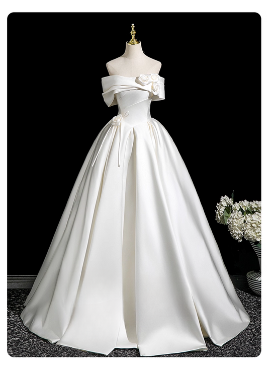 Elegant White Satin 3D Flowers Sweet 16 Quinceanera A-Line Off-the-shoulder Evening Dress Floor Length Ball Gown DP6929