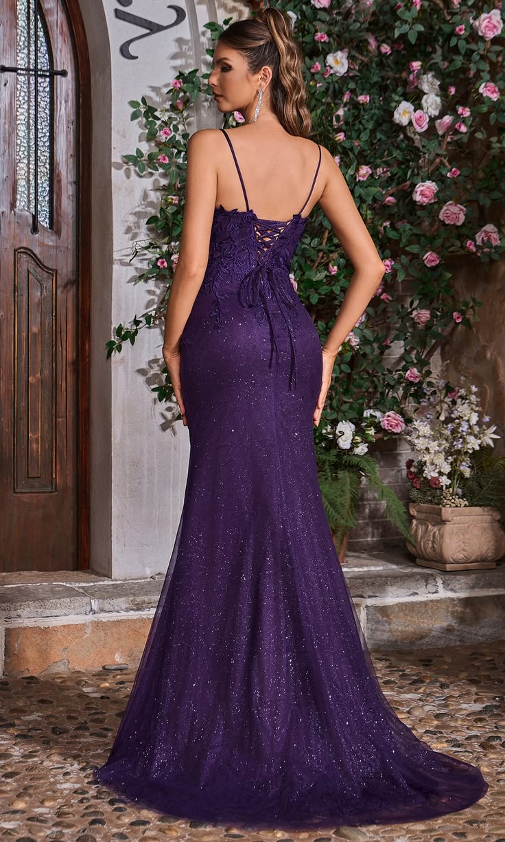 Elegant Spaghetti Strap Mermaid Floral Lace Applique & Glitter Tulle Prom Gown DP8177
