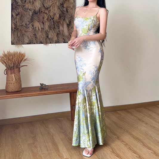 Elegant Floral Spaghetti Strap Mermaid Long Summer Dress Prom Dress Evening Dress DP6406