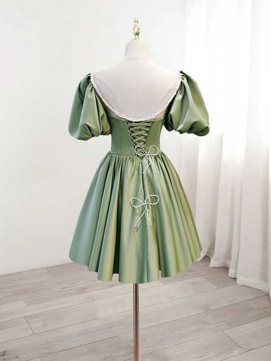 Retro Green Sweetheart Short-sleeved Lace-up Design A-line Satin Party Dress Homecoming Dress DP6060