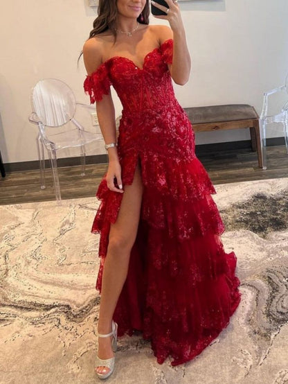 Vintage Off-the-Shoulder Mermaid Evening Gown Sequin Lace Ruffle Formal Train Prom Dress DP7590