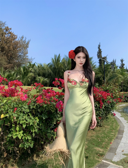 Vintage Grünes Blumen Meerjungfrau Spaghettiträger Design Satin Ballkleid Abendkleid DP6235