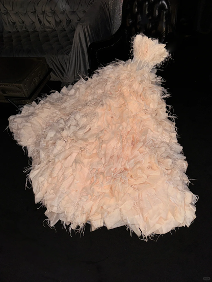 Ethereal Champagne Strapless Tulle Feather Ruffle Sweet 16 Quinceanera Ball Gown DP7319