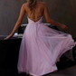 Elegant Pink Tulle Cowl Neck Spaghetti Strap Mid A-Line Evening Dress DP8154