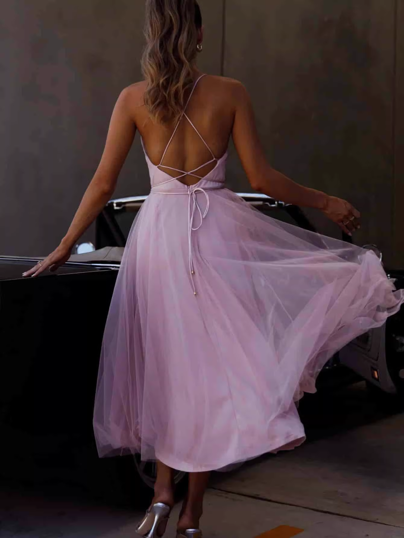Elegant Pink Tulle Cowl Neck Spaghetti Strap Mid A-Line Evening Dress DP8154