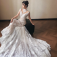 Gorgeous High-Neck Lace Mermaid Wedding Dress Sheer Illusion Bodice & Long Train Bridal Gown DP8314