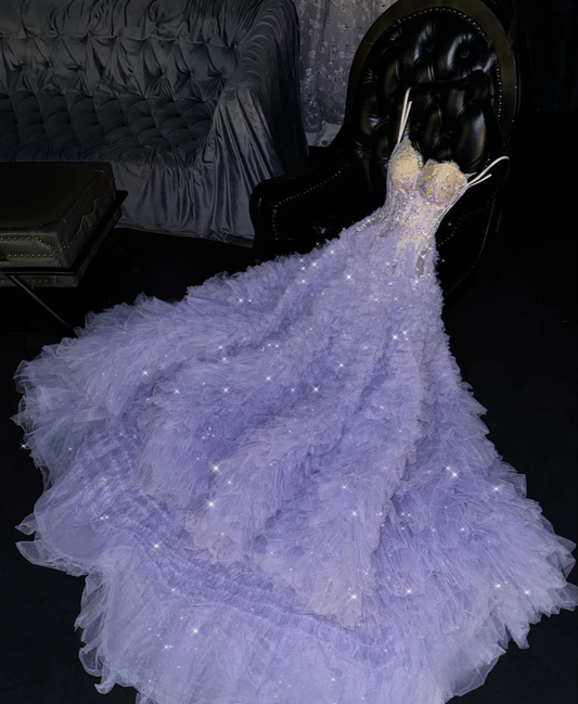 Vintage Lavender Detachable Straps Sparkle Tulle A-Line Ruffled Beaded Evening Gown DP7397