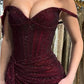 Chic Burgundy Sequin Off-the-Shoulder Evening Gown with High Slit & Cape DP7868
