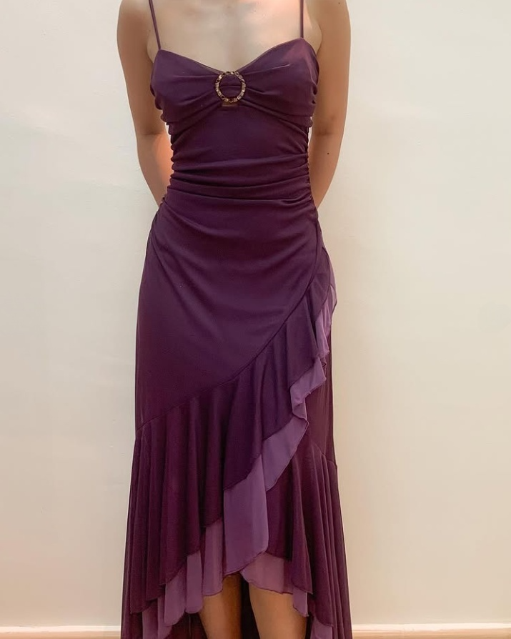 Dark Purple Spaghetti Straps Ruffles Vintage Long Prom Dress, DP3747
