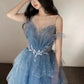 Vintage Blue Beaded Design Elegant A-Line Chiffon Tulle Evening Dress Prom Dress DP6139