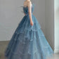 Vintage Blue Beaded Design Elegant A-Line Chiffon Tulle Evening Dress Prom Dress DP6139