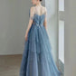 Vintage Blue Beaded Design Elegant A-Line Chiffon Tulle Evening Dress Prom Dress DP6139