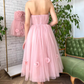 Glamorous Pink Strapless Tulle Midi Prom Dress 3D Floral Applique A-Line Formal Cocktail Gown DP8206