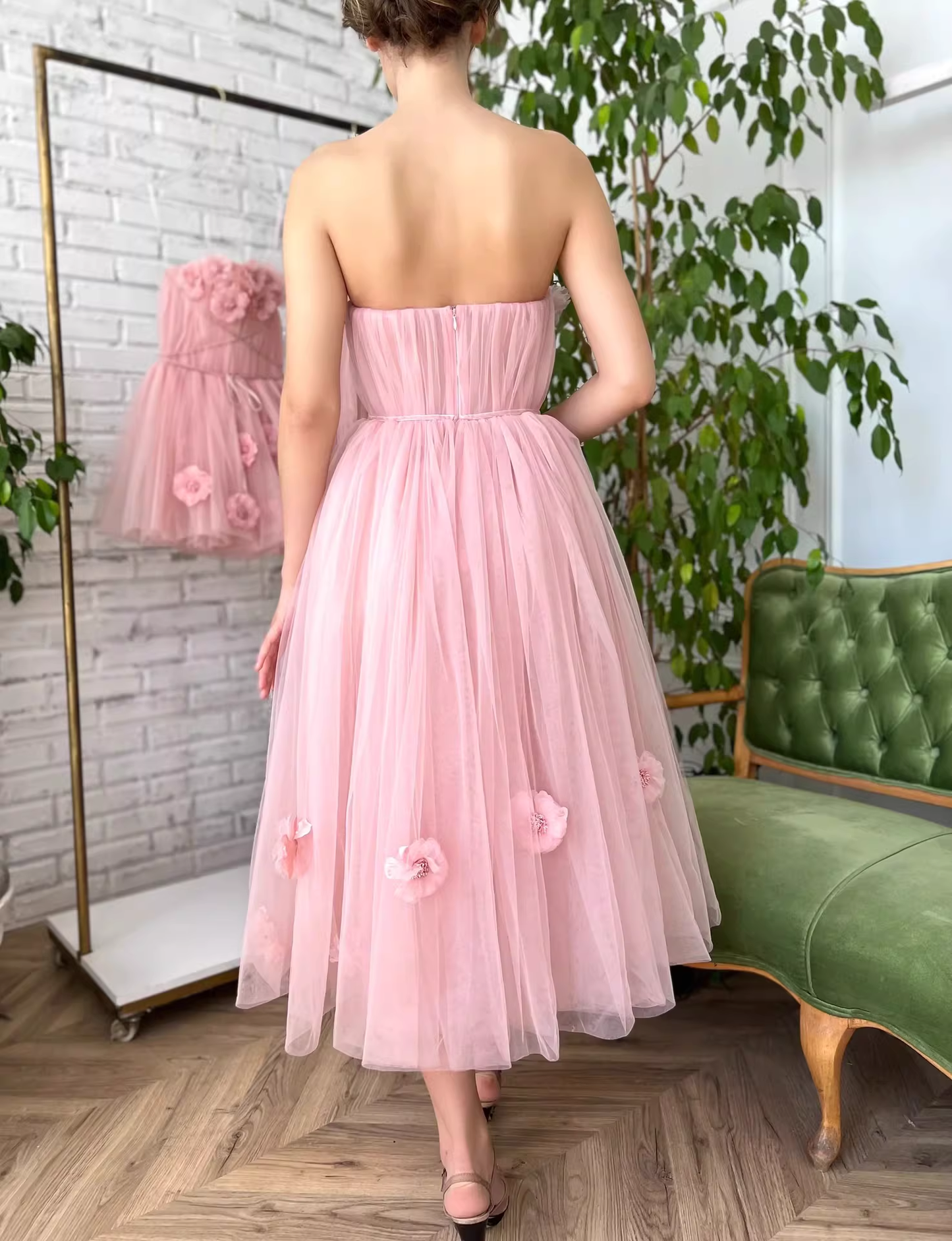 Glamorous Pink Strapless Tulle Midi Prom Dress 3D Floral Applique A-Line Formal Cocktail Gown DP8206