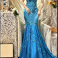 Elegant Ocean Blue Off-the-Shoulder Mermaid Satin & Embroidery Prom Dress DP8180