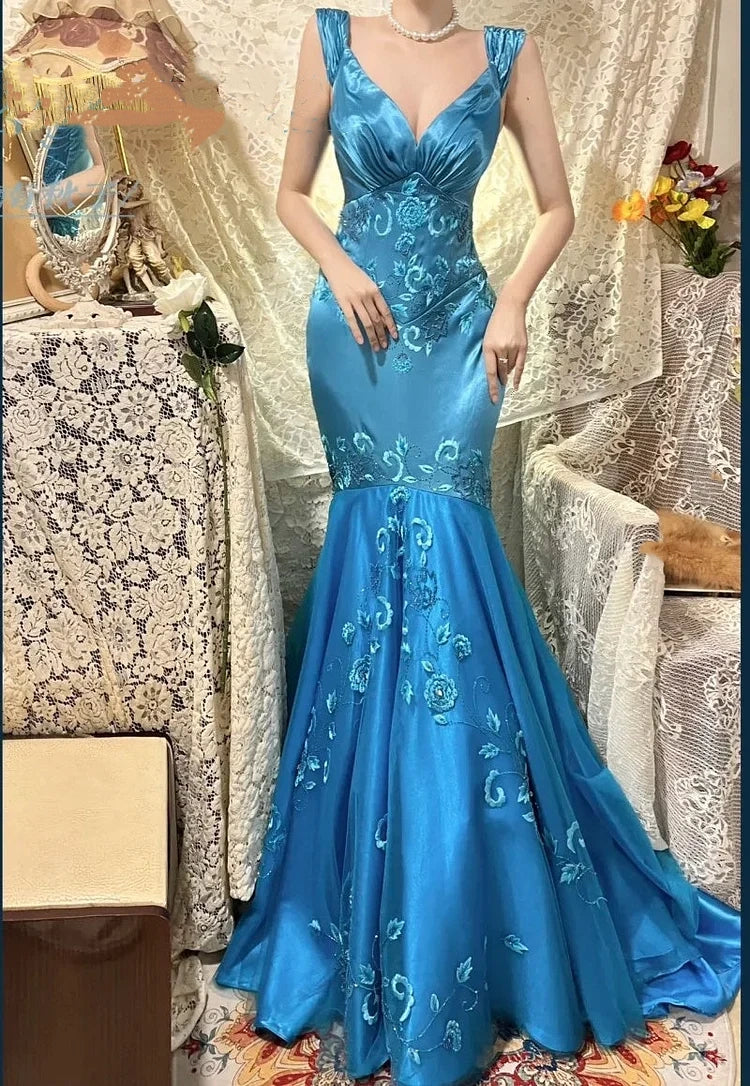 Elegant Ocean Blue Off-the-Shoulder Mermaid Satin & Embroidery Prom Dress DP8180