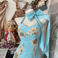Vintage Light Blue Halter-Neck Maxi Prom Dress Lace Appliques & Bow Evening Gown DP8330