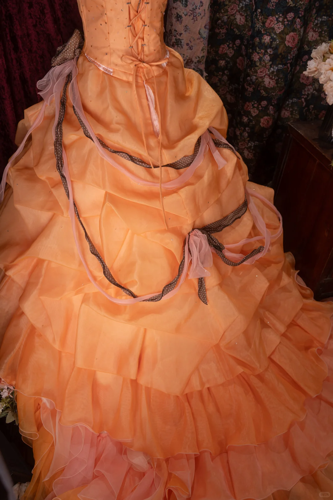 Glamorous Orange Off-the-Shoulder Beaded Ruffled Tulle Ball Gown DP8350
