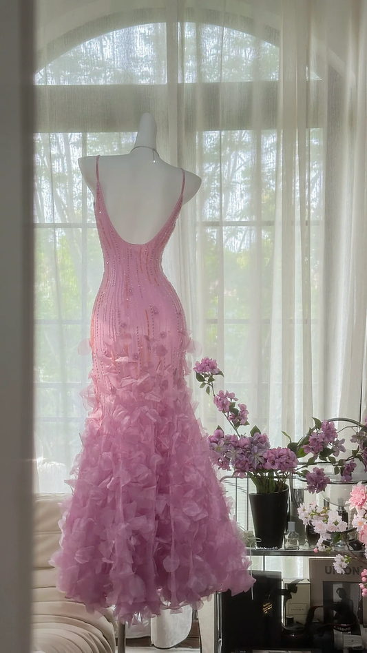 Vintage Glänzende Pailletten Hot Pink Spaghettiträger Meerjungfrau Chiffon Ballkleid Abendkleid DP6364