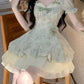 Lovely Sage Green Floral Print Corset Homecoming Dress Layered Tulle Mini Party Gown DP8259