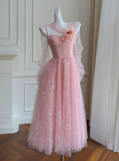 Vintage Pink Tulle Prom Dress Floral Applique Sheer Tulle Sleeves Evening Gown DP8286