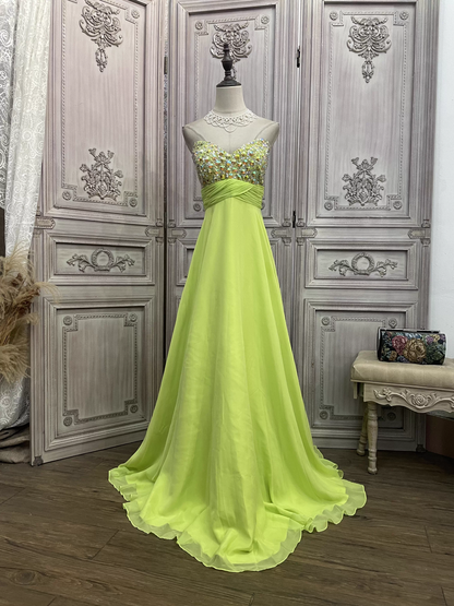 Elegantes, limettengrünes, trägerloses Abendkleid mit Herzausschnitt, Pailletten und Chiffon, Ballkleid DP7620