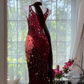 Vintage Shiny Beaded Burgundy Mermaid Prom Dress Evening Dress DP6356