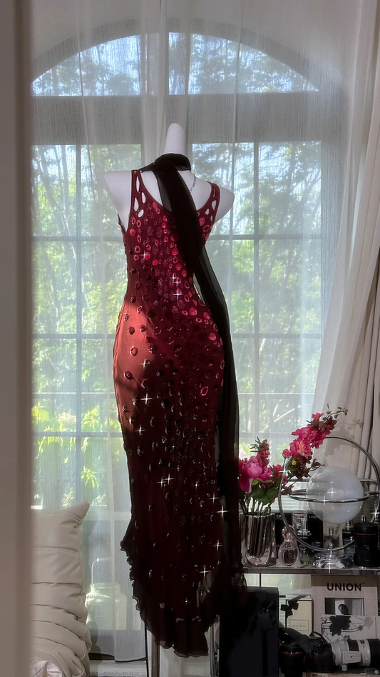 Vintage Shiny Beaded Burgundy Mermaid Prom Dress Evening Dress DP6356