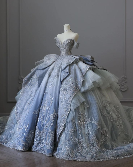 Gorgeous Light Blue Ombre Sweetheart Off-the-Shoulder Tulle Beaded Lace Sweet 15 Quinceanera Ball Gown DP7396