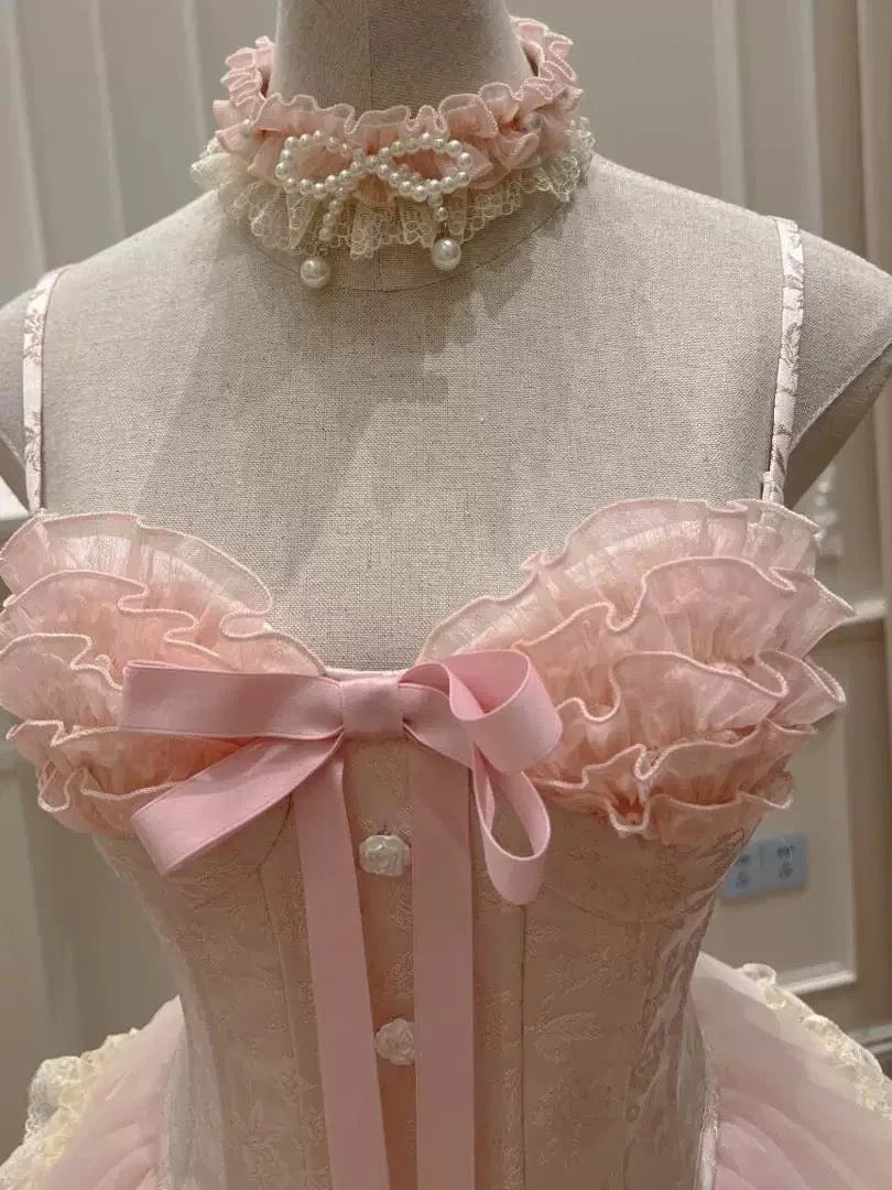 Cute Pink Tiered Lace Sweetheart Ruffled Bow Detail Spaghetti Strap Mini Homecoming Dress DP8490