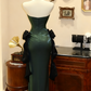Vintage Emerald Green Strapless Prom Dress Sheath Satin Evening Gown DP7157