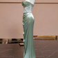 Elegant Sage Green Satin Strapless Mermaid Sequin 3D Floral Evening Gown DP8555